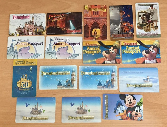 image features 16 annual passport cards with various texts and designs depicting the castle, grizzly peak, goofy, the 50th castle logo, castle and balloons, or mickey and friends