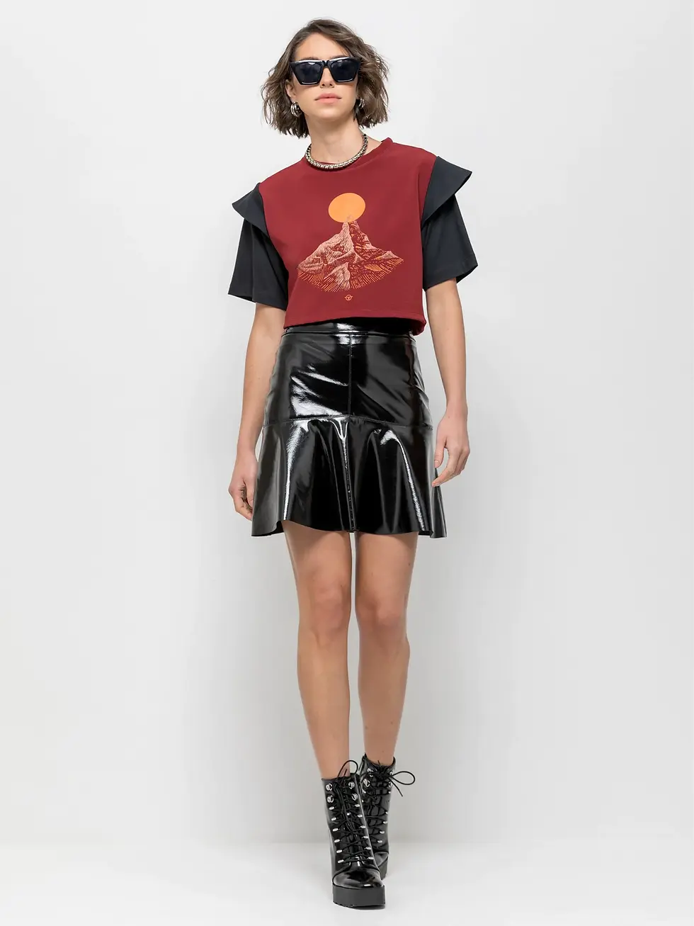 Miniatura: blusa cropped vinho marsala com manga estruturada