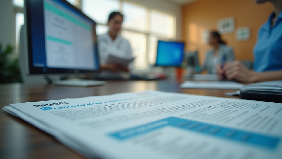 Eye-level view of a Medicare help center desk with brochures and a computer