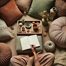 DALL·E 2025-04-24 20.03.26 - A flat lay scene from a serene women's workshop. Viewed from 