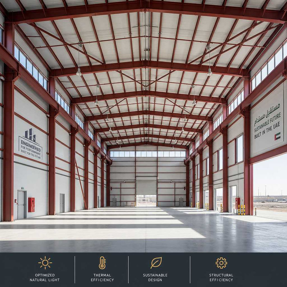 Interior of completed steel structure facility showing exposed beams and columns in UAE climate conditions