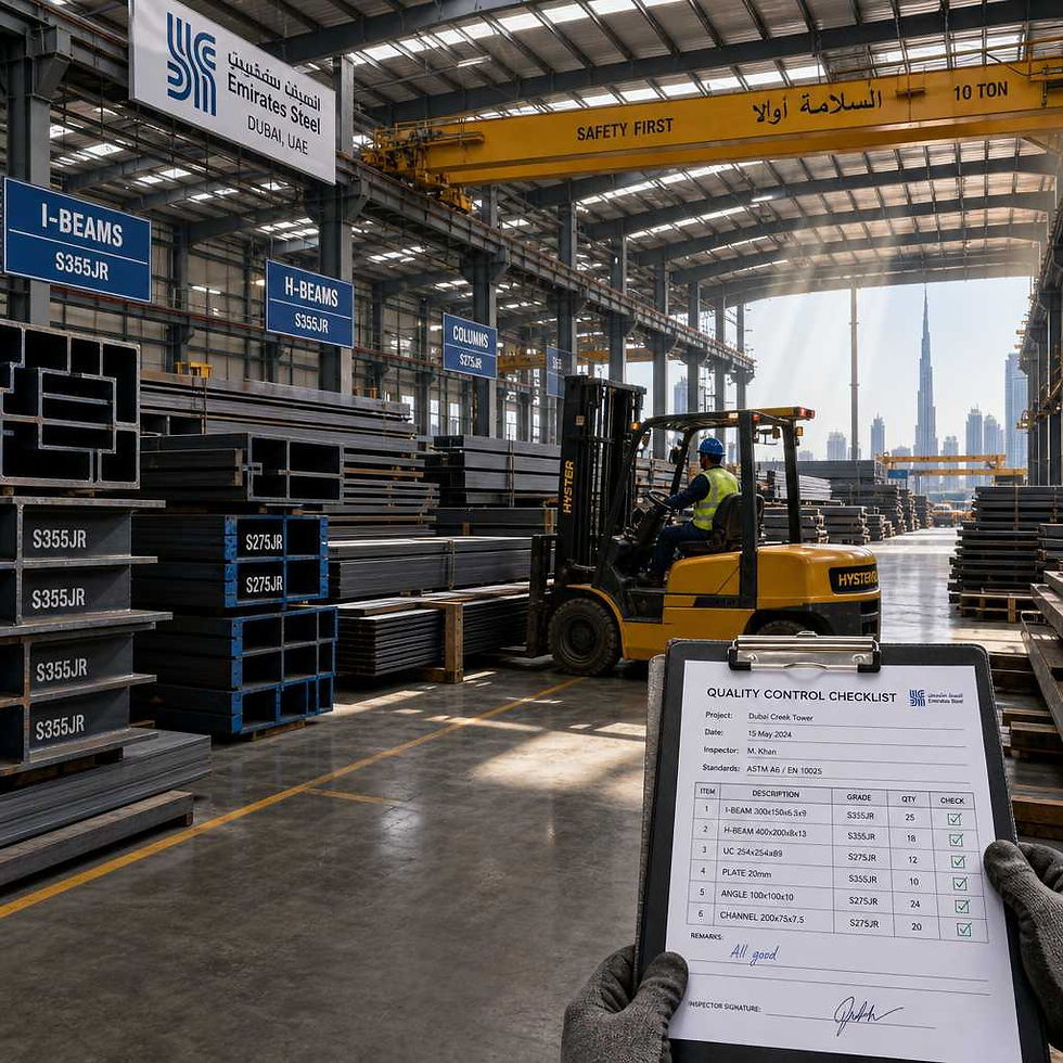 Organized steel warehouse with stacked structural beams and inventory management systems