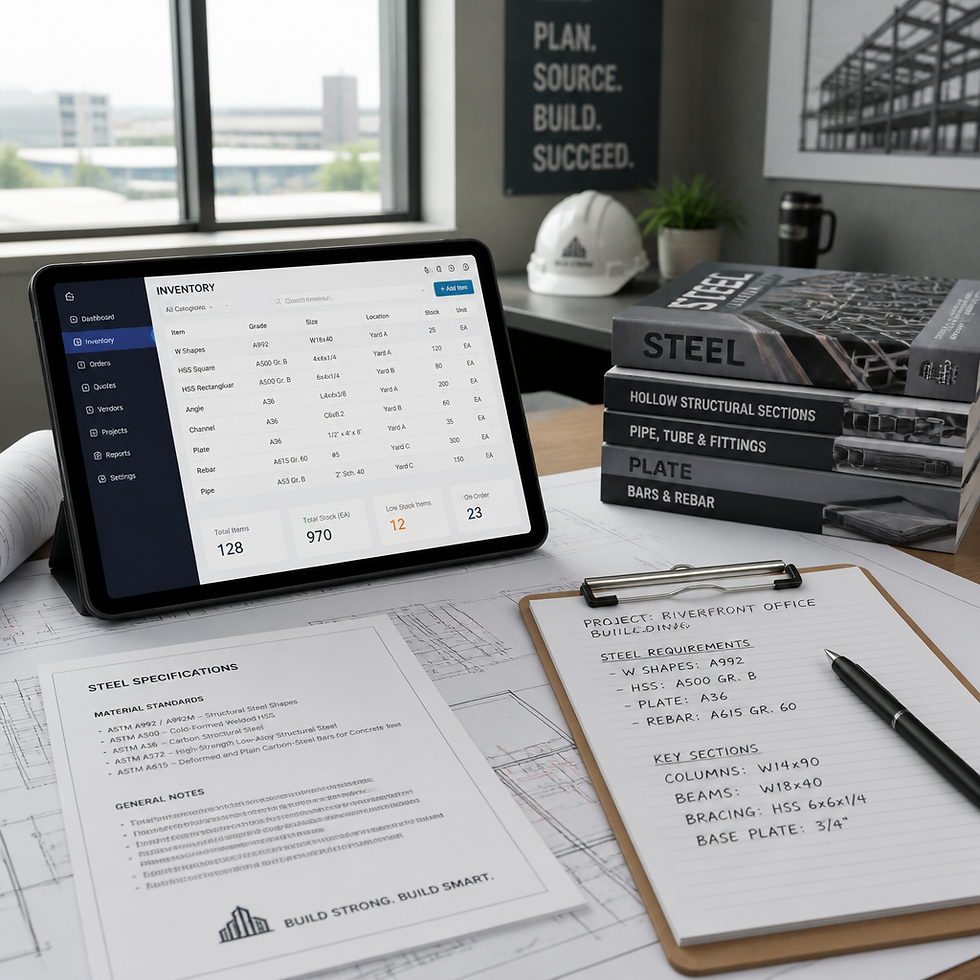 Construction planning workspace with blueprints, inventory management tools, and steel product documentation