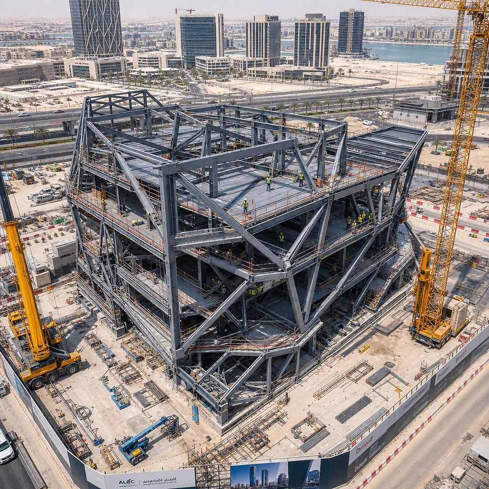 Aerial view of UAE construction site with complex custom steel structural framework