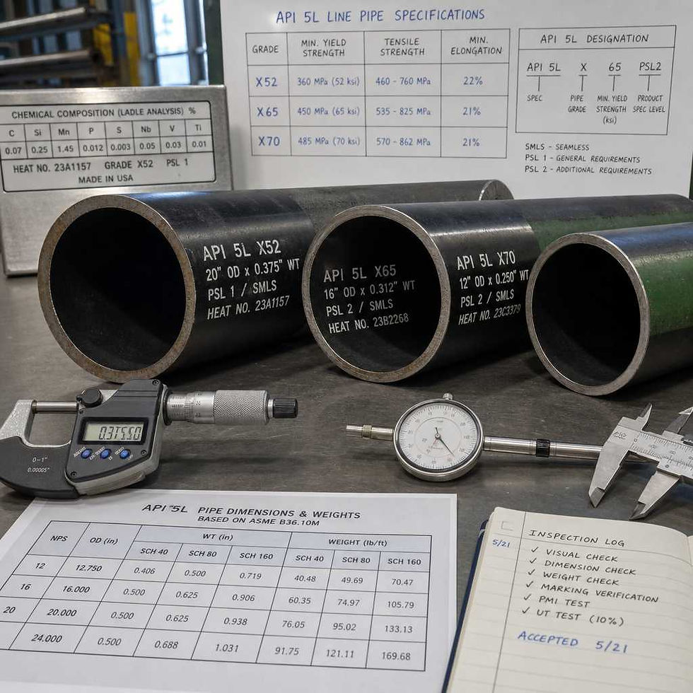 Steel pipe samples with measurement tools and technical specifications on industrial workbench