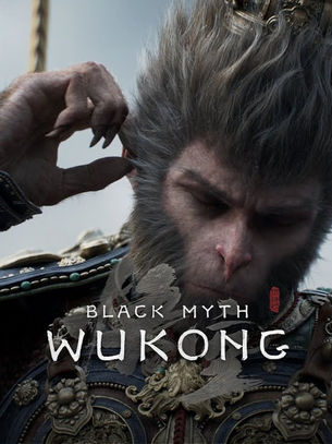 Pôster de Wukong, macaco guerreiro em armadura dourada, com expressão séria; fundo escuro e texto BLACK MYTH WUKONG.