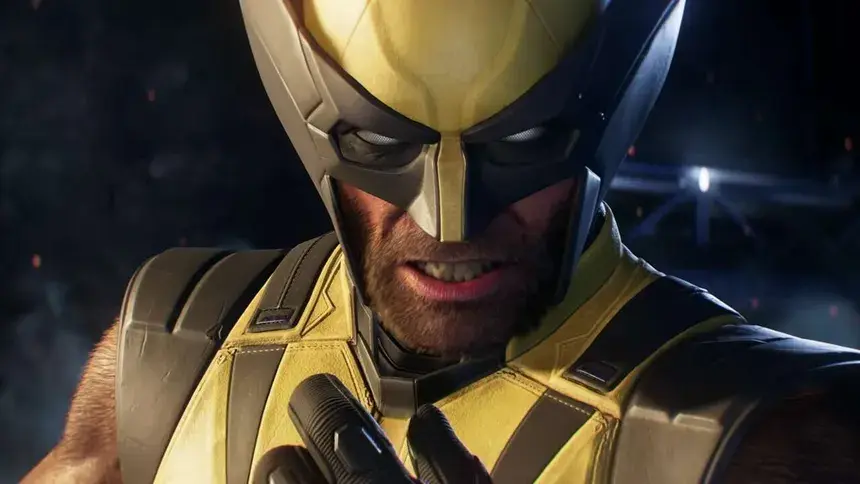 Close-up do Wolverine com traje amarelo e preto, expressão feroz, em fundo escuro dramático.