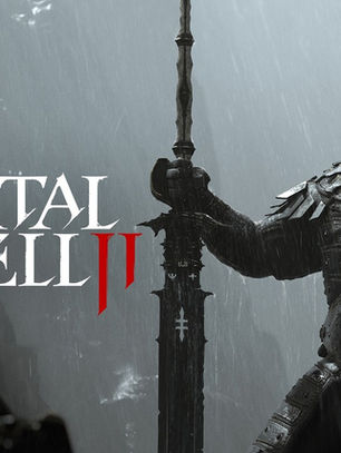 Cavaleiro blindado na chuva segura uma espada; logotipo Mortal Shell II em branco e vermelho ao fundo.