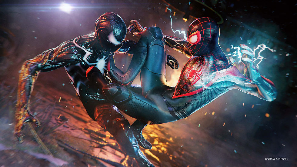 Miles Morales e Venom em luta intensa, com relâmpagos e faíscas num cenário sombrio; logotipo © 2025 Marvel.