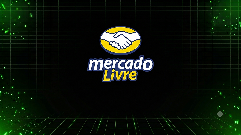 Logo do Mercado Livre com aperto de mãos em fundo preto quadriculado com brilhos verdes.