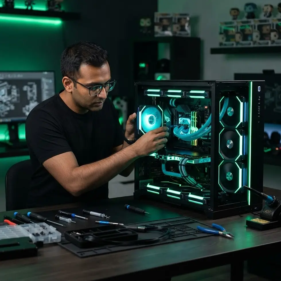 Digital photography of a man working on a custom-built PC illuminated by vibrant green RGB lighting. The focused scene highlights a modern tech enthusiast's dedicated workspace.
