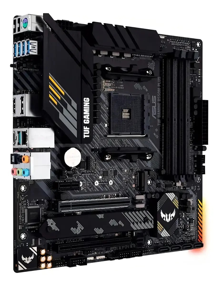 Placa-mãe gamer ASUS TUF Gaming preta com detalhes amarelos, soquete AMD, slots RAM e várias conexões, em fundo branco.