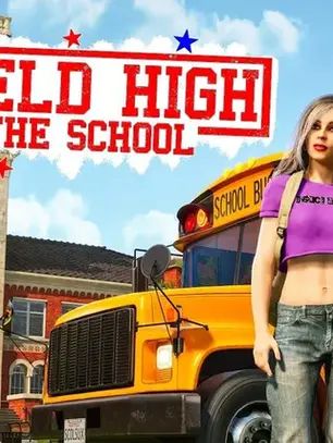 Dois adolescentes diante de ônibus escolar amarelo e prédio escolar, com texto Agefield High Rock the School em destaque.