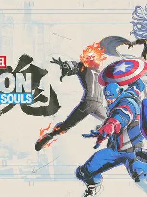 Arte promocional da Marvel Tokon Fighting Souls com heróis em pose de combate, em fundo claro com moldura azul e texto do título.