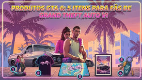 Arte GTA neon com casal, carro e itens de Vice City ao pôr do sol; texto: Produtos GTA 6: 5 itens para fãs de Grand Theft Auto VI