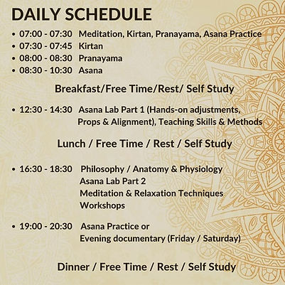200H Multi-Style Yoga Teacher Training Course Daily Schedule sample