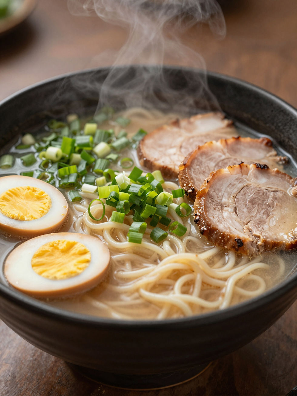 Steaming bowl of ramen soup