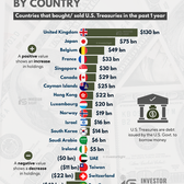 An exclusive researched row graph presented in a rich visual infographic showing the top change in US Treasury Holdings by country, listed from highest to lowest, along with country name and flag. Listed countries include USA, China, India, United Kingdom, Brazil, Belgium, Japan, Canada, Norway, France, Taiwan, Cayman Islands, Singapore, South Korea, Germany, Switzerland and others.