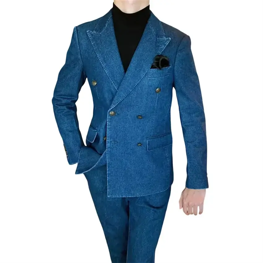 Denim Men's Suits Double Breasted Slim Fit Casual Style Suit 2 Pieces Peak Lapel