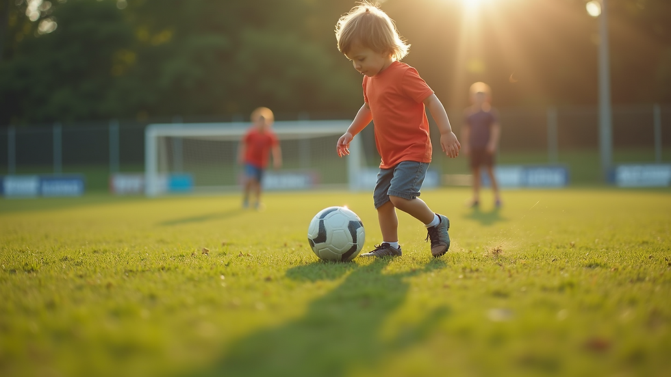 Close-up view of a child practicing soccer skills on a field
