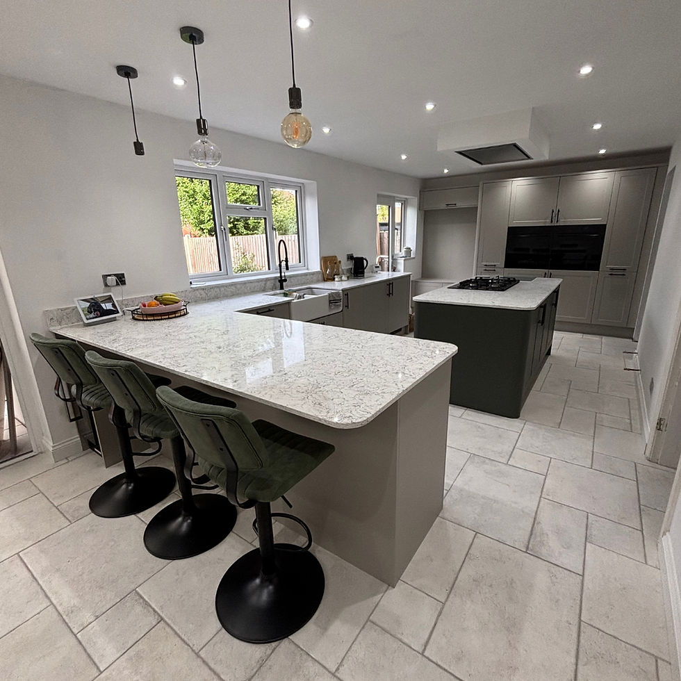 Open-plan kitchen transformation in Kidderminster with a large island and shaker-style cabinetry