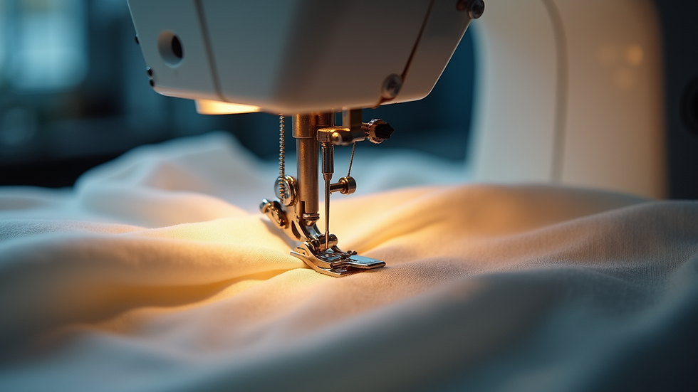 Close-up view of a sewing machine stitching fine fabric for custom clothing
