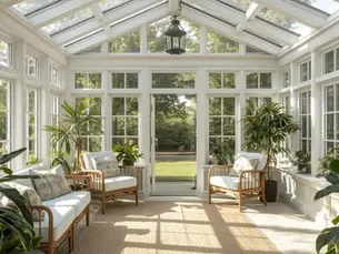 Glass roof sunroom with cozy seating