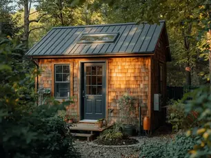 Small modern cabin surrounded by lush greens