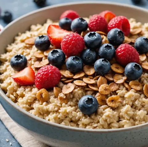 Bowl of oats topped with assorted berries.