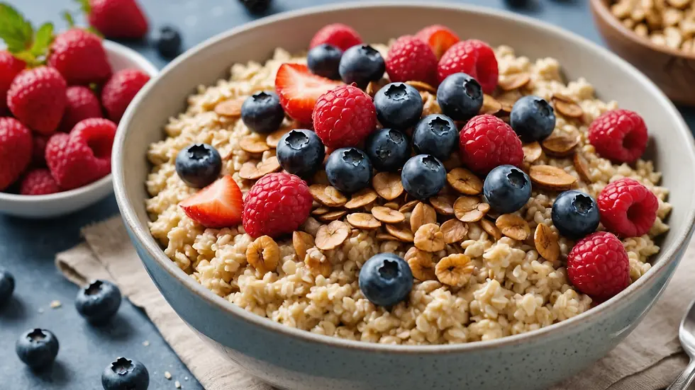 Close-up view of a colorful breakfast bowl filled with oatmeal and fresh berries