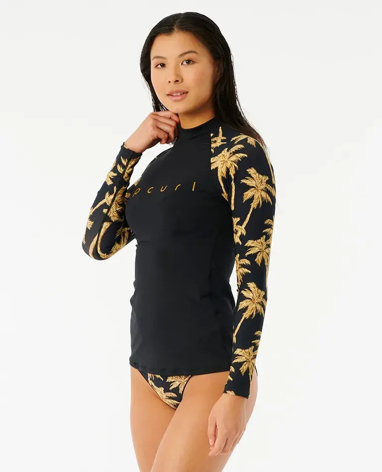 RIP CURL WOMEN'S KINDRED PALMS LONG SLEEVE UPF +50 RASH VEST BLACK FRONT