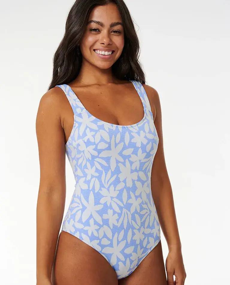 RIP CURL WOMEN'S HOLIDAY TROPICS GOOD COVERAGE ONE PIECE SWIMSUIT MID BLUE FRONT IMAGE