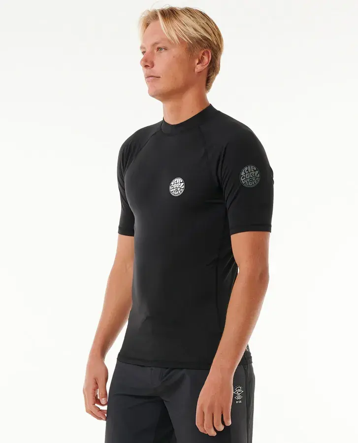 RIP CURL MEN'S ICONS UPF50+ SHORT SLEEVE UV RASH GUARD BLACK FRONT