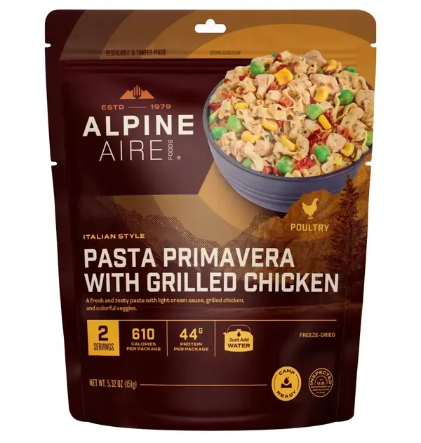 ALPINEAIRE PASTA PRIMAVERA WITH GRILLED CHICKEN BACKPACK FOOD