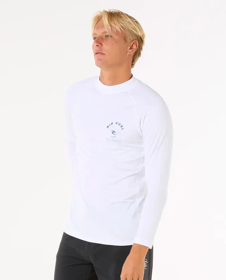 RIP CURL MEN'S ISLAND VIBE UPF LONG SLEEVE SURF RASH GUARD WHITE FRONT
