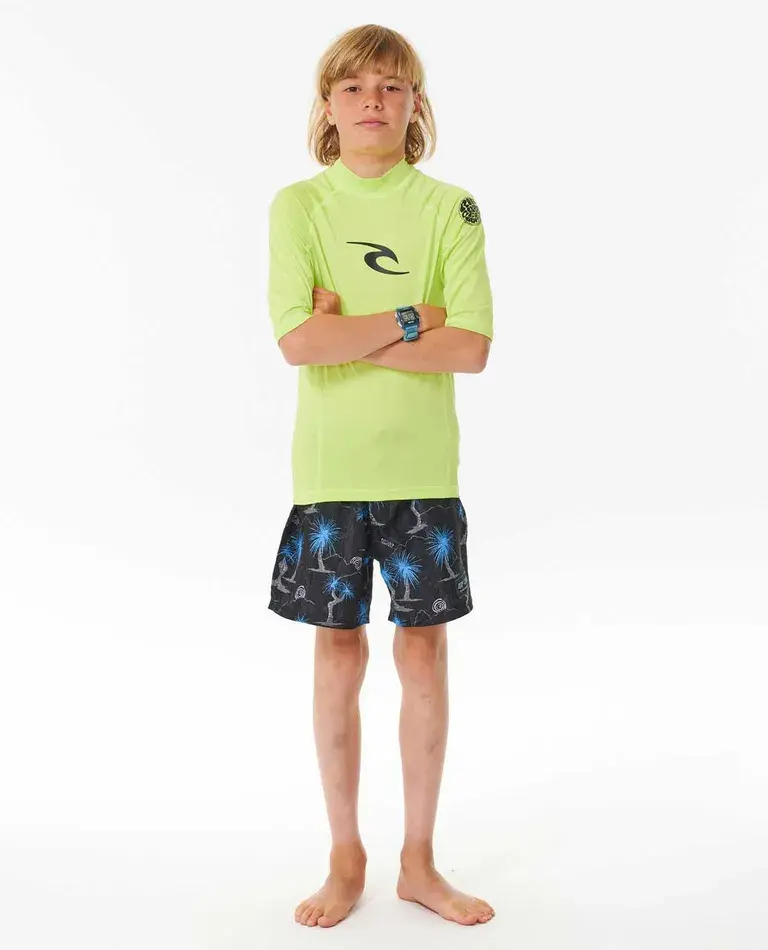 Thumbnail: RIP CURL BOYS BRAND WAVE UV SHORT SLEEVE RASH VEST LIME FULL VIEW
