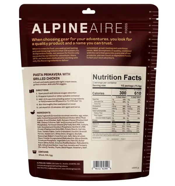ALPINEAIRE PASTA PRIMAVERA WITH GRILLED CHICKEN BACKPACK FOOD