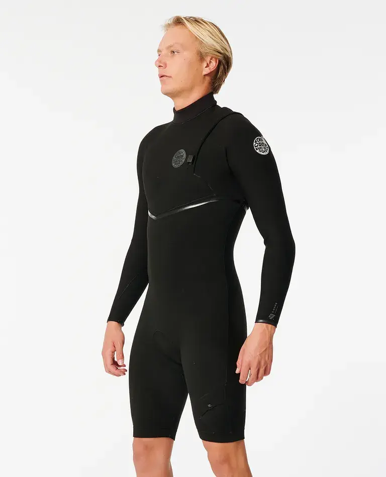 RIP CURL MEN'S E-BOMB 2MM ZIP FREE LONG SLEEVE SHORT LEG SPRINGSUIT BLACK COLOR FRONT IMAGE