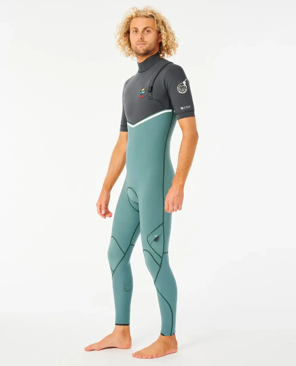 RIP CURL E-BOMB 2/2  GB SEALED ZIP FREE SHORT SLEEVE MEN'S WETSUIT MUTED GREEN FRONT VIEW