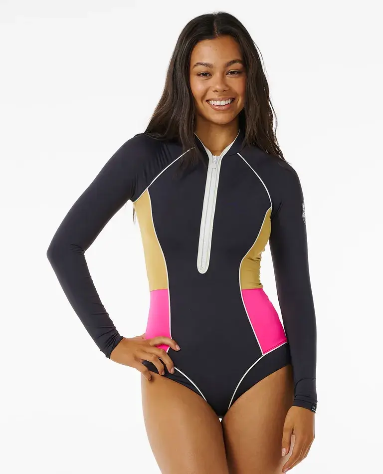 RIP CURL HIBISCUS HEAT SLICE LONG SLEEVE SPRINGSUIT BLACK FRONT IMAGE