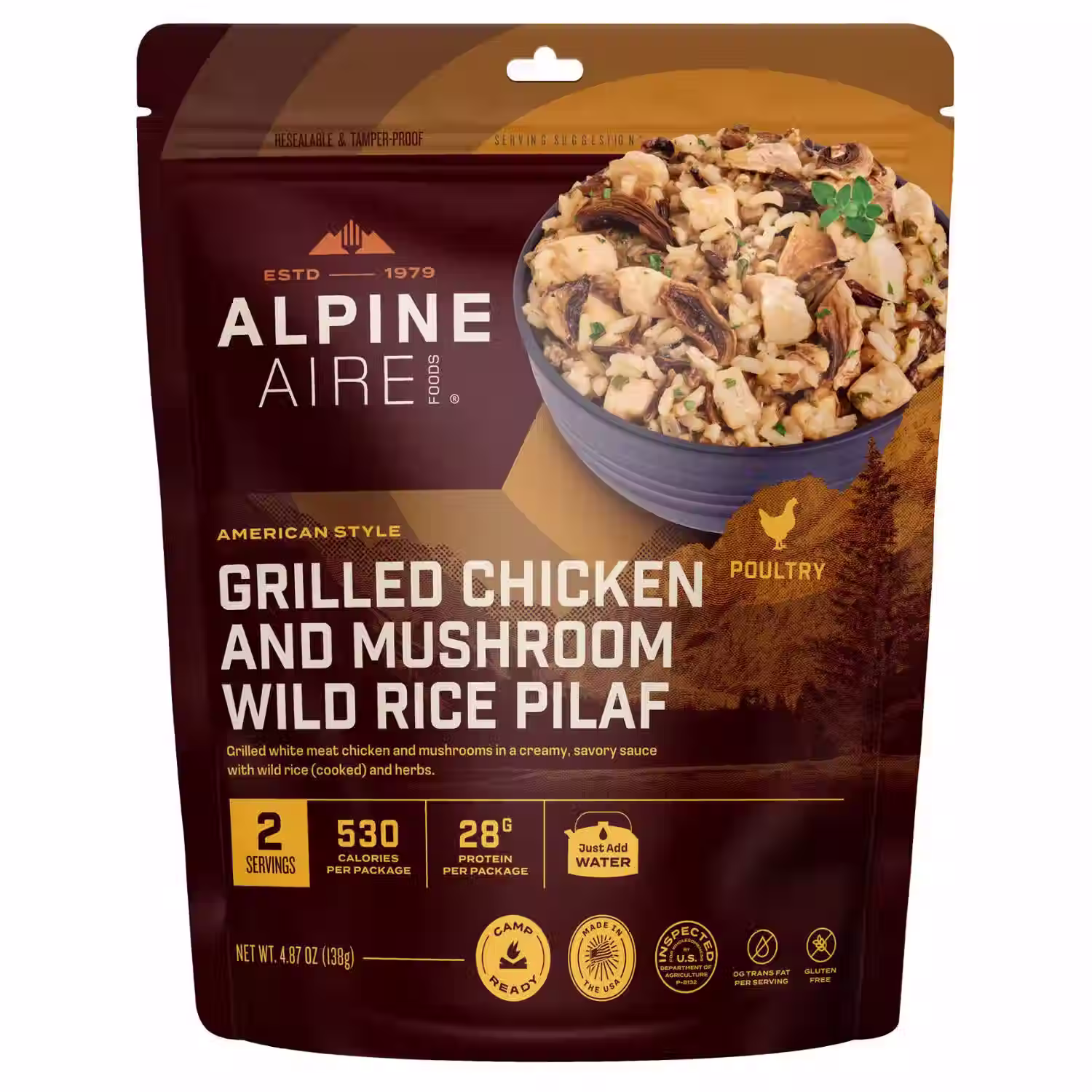 ALPINEAIRE GRILLED CHICKEN/MUSHROOM/WILD RICE PILAF BACKPACK FOOD