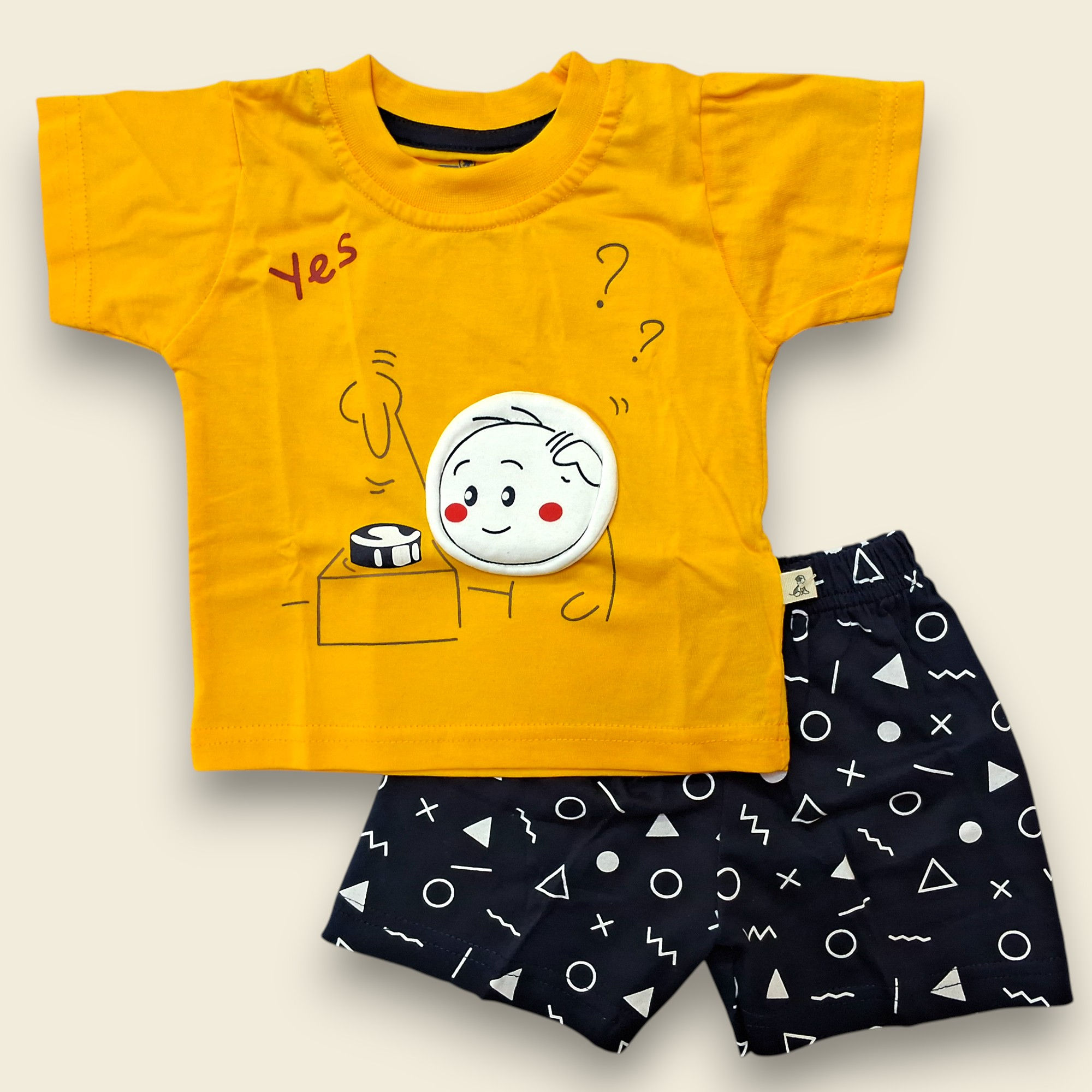 cotton knit round neck short set - yellow & blue