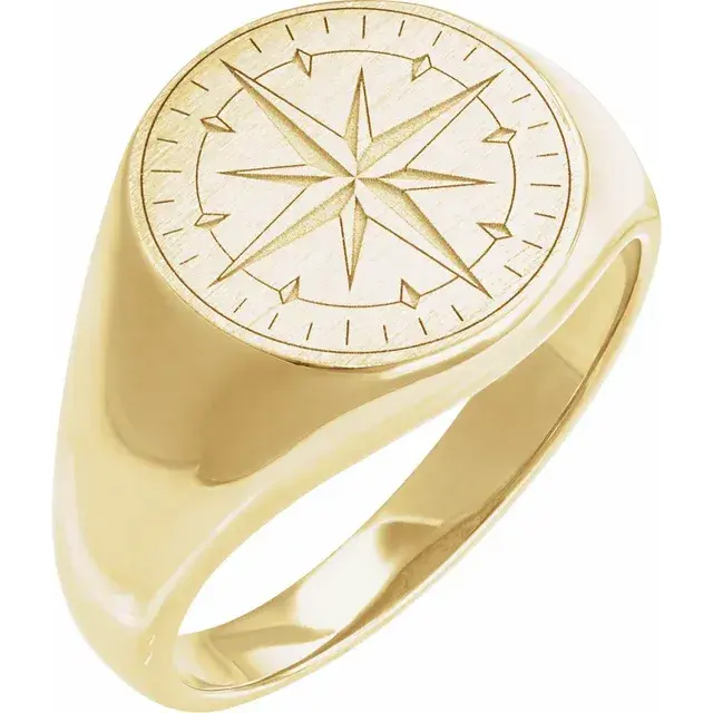 Front view of 14K Yellow Gold Compass Signet Ring