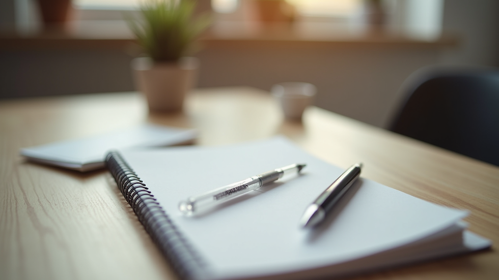 Close-up view of a notebook and pen on a therapy desk ready for a hypnotherapy session