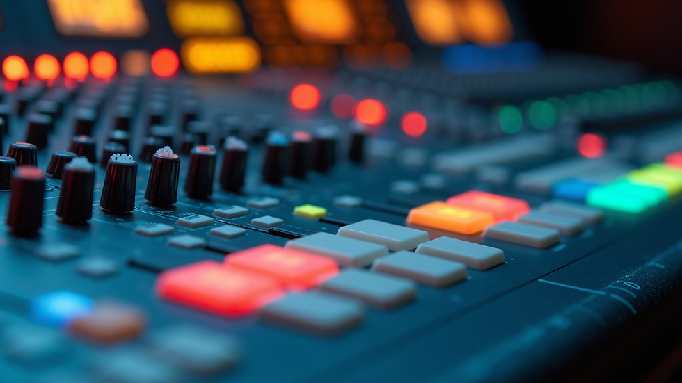 Close-up view of a radio broadcasting console with colorful buttons and sliders