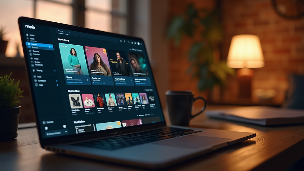 Close-up view of a laptop screen showing a music streaming platform with a playlist