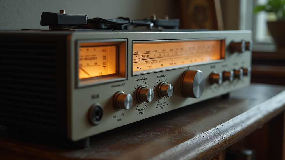 Close-up view of a vintage radio tuner with dials and frequency display