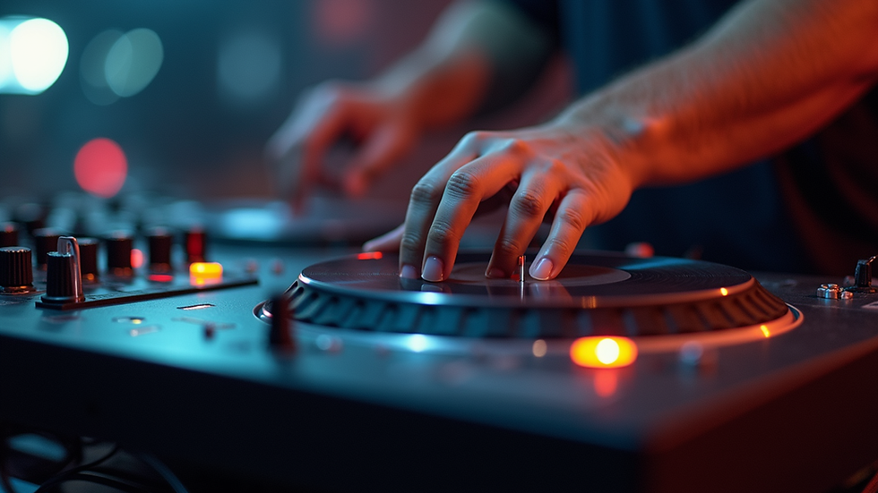 Close-up view of a DJ mixing music on a turntable