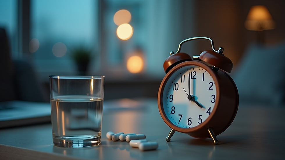 High angle view of a clock showing late evening time next to a glass of water and medication