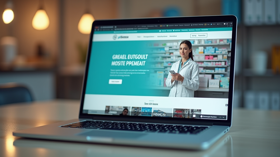 Eye-level view of a laptop screen showing an online pharmacy website